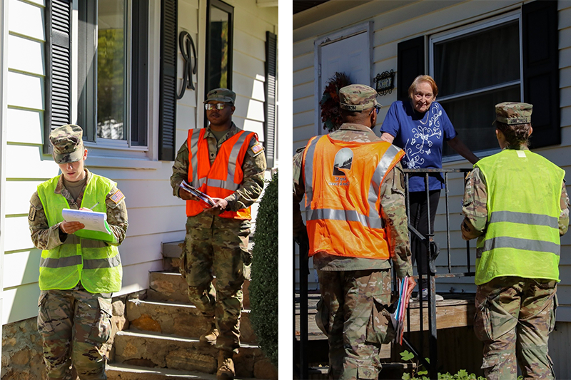 Two-photo collage of Jessica Bowling and a fellow member of the National Guard talking with Haywood County residents on their front porches following Hurricane Helene.