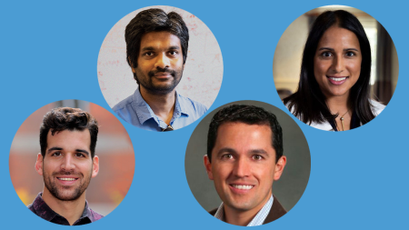 Headshots of four individuals who received the Presidential Award against a Carolina Blue backdrop.